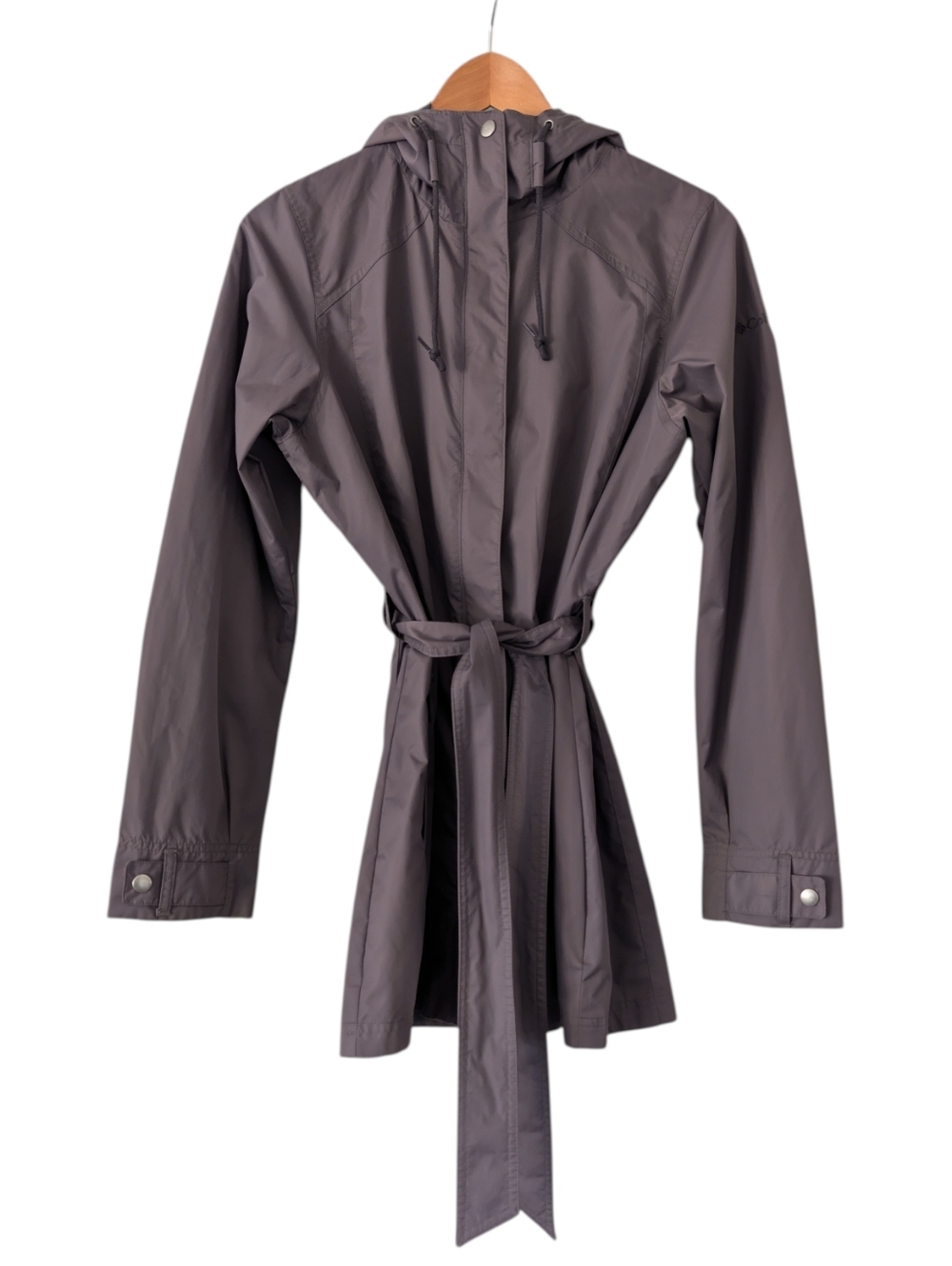 Columbia Pardon My Trench Rain Jacket Shale Grey Purple Belted Hooded Small